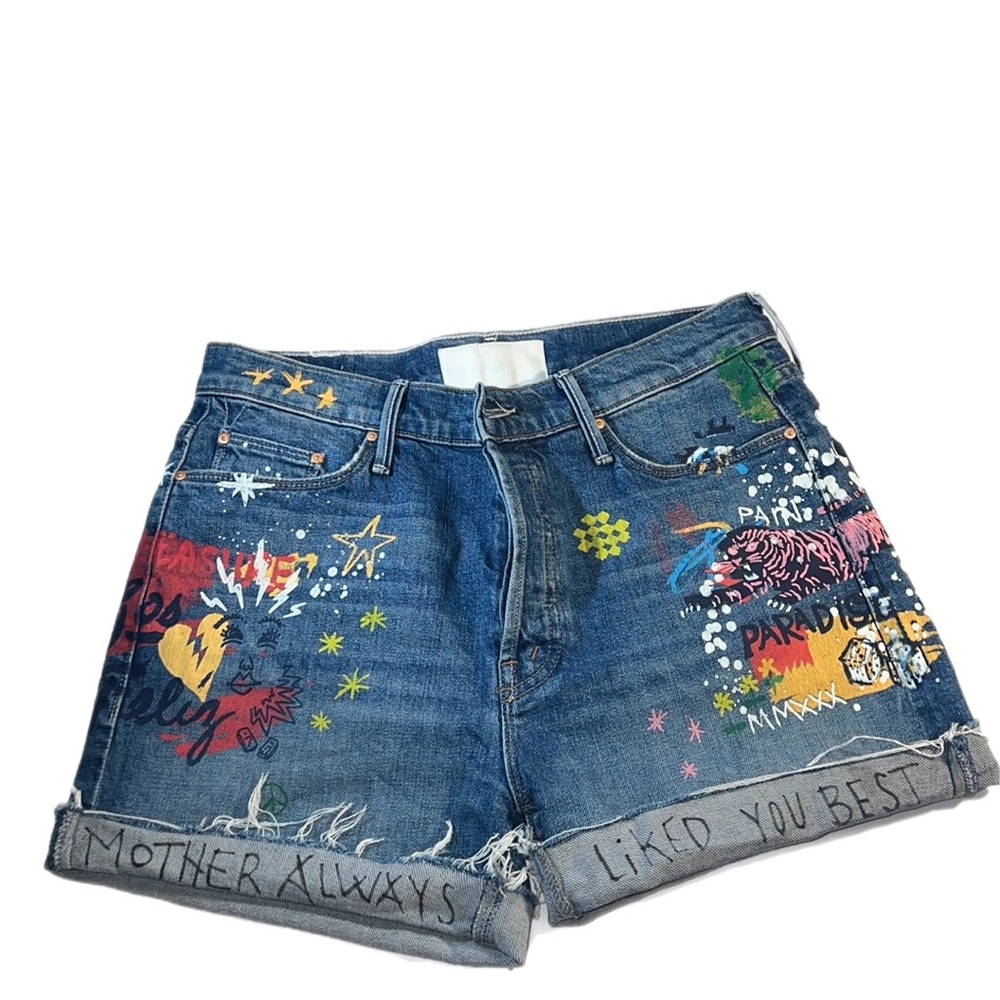 NWOT Mother The Vagabond Cuffed Fray Short Spooky Voodoo Wash Painted 27 - Picture 2 of 14